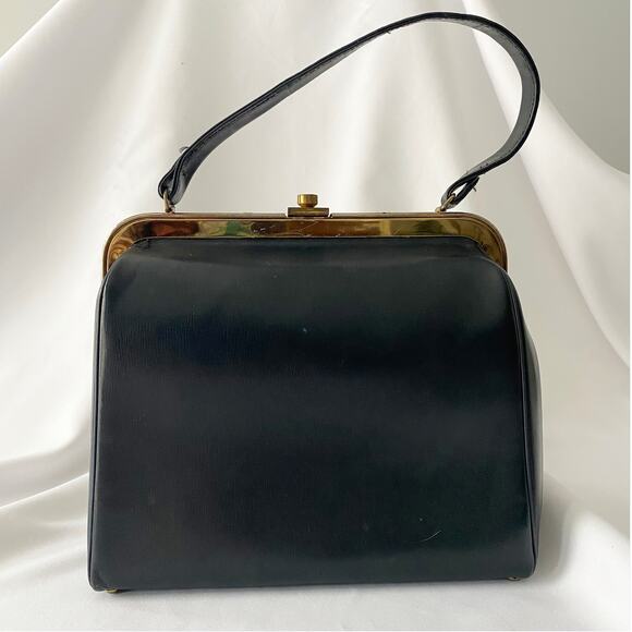 Vintage Black Leather Handbag - Retro Structured Top Handle Purse - Picture 5 of 12